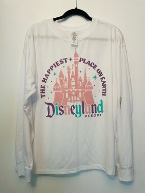 Disney White Long-Sleeve Tee with Pink Castle & Teal Disneyland Script